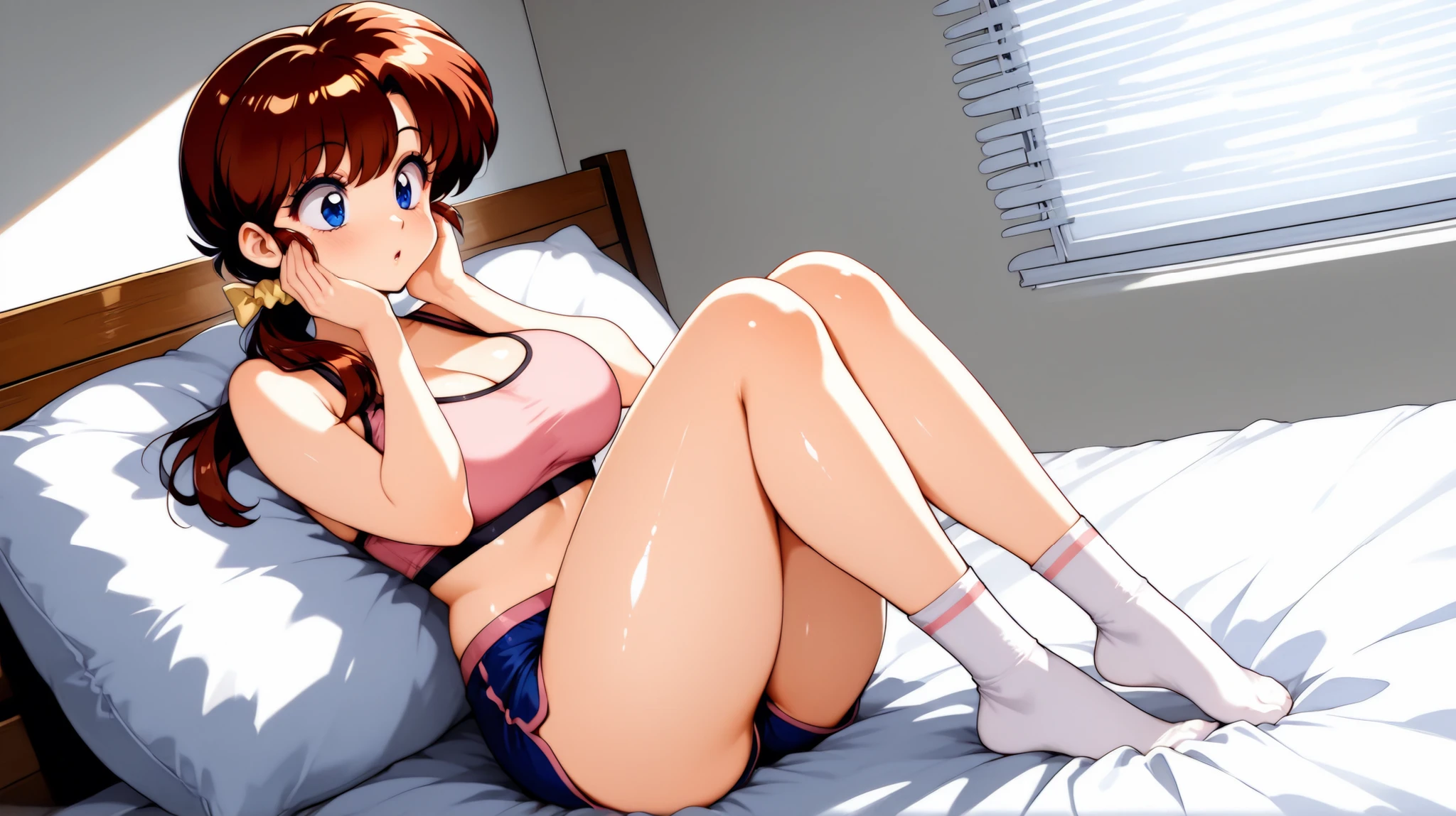 tendou kasumi (ranma 1/2) A beautiful woman with long brown hair, wearing a pink sports bra and blue shorts, sitting on a bed with white sheets and a wooden headboard. she is positioned in the middle of the image, facing the viewer with a surprised expression on her face. her body is slim, and she is wearing black and white knee-high socks with pink stripes. the background is a bedroom with a white wall and a window with white blinds. flower covered ground. 1girl, solo, unrivaled beauty, fit female, shiny skin, hair scrunchie, hair over shoulder, low ponytail, hair bow, eyelashes, light blush, pink trim, asymmetrical bangs, swept bangs, raised eyebrows, (oldschool style), medium breasts, retro artstyle, thick thighs, mature female, milf, motherly, surprised, Hands on cheeks, indoors, pillow, on bed