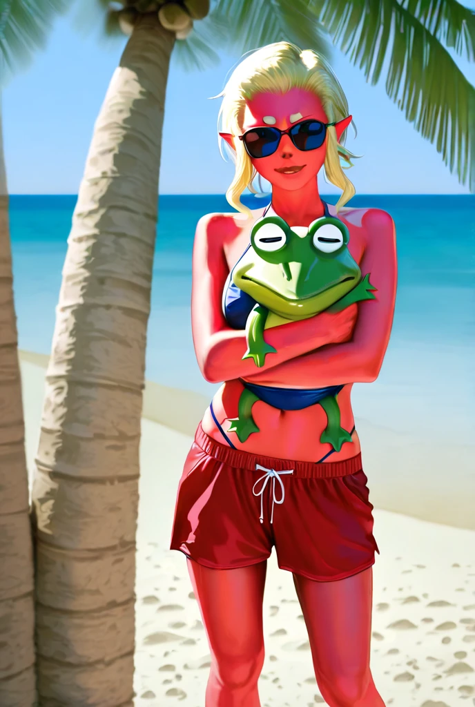 a muscular anthropomorphic frog,((a voluptuous cat-like girl)),holding hands,walking on a beach,green textured skin,red swim trunks,pink polka dot bikini,long blonde hair,exaggerated features,calm ocean,gentle waves,sandy shoreline,humorous surreal,whimsical,photorealistic,hyperdetailed,dramatic lighting,vibrant colors,unreal elements