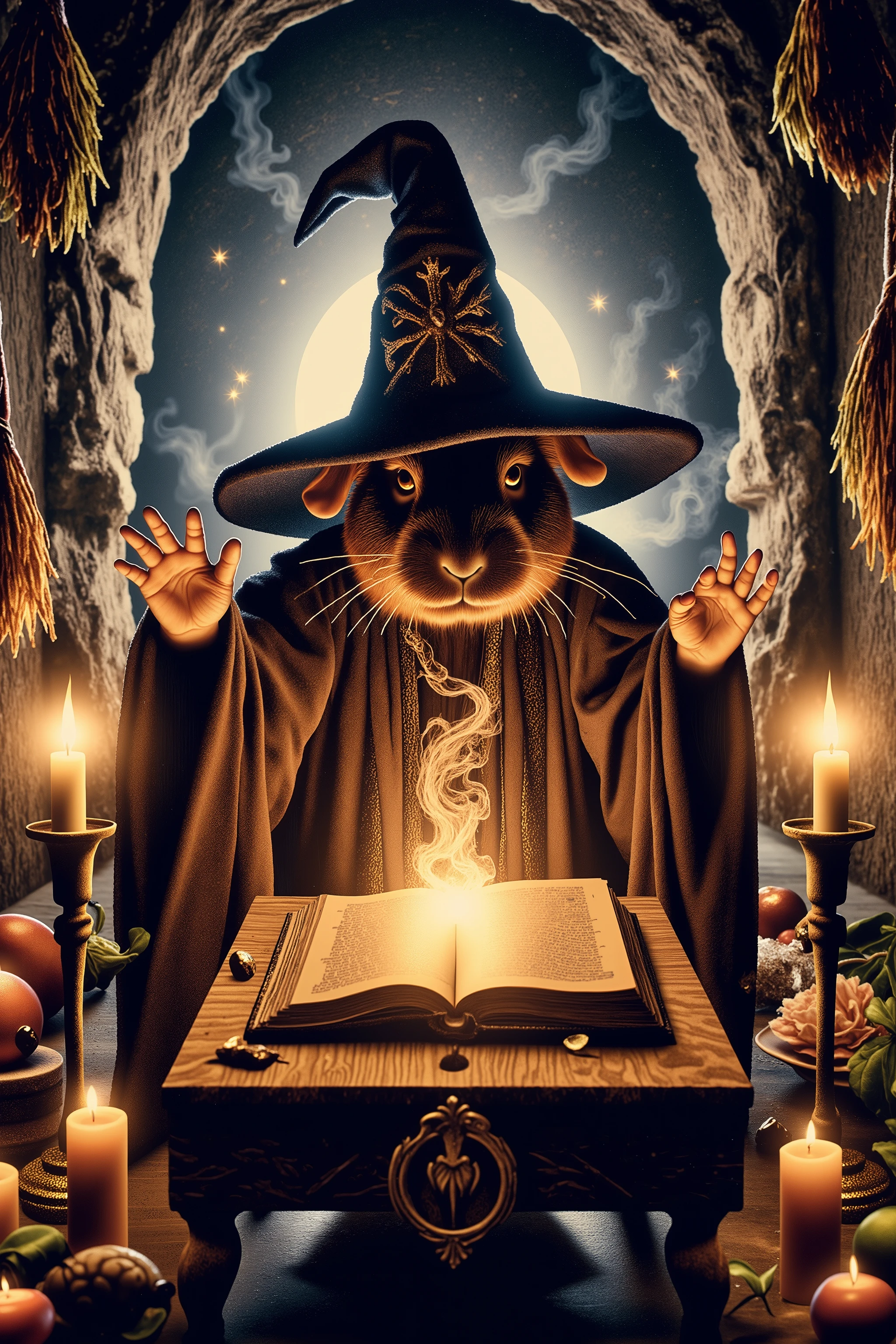 A dark brown guinea pig in a wizard hat raises up aon two legs behind a tiny old wooden table and holds his arms out wide. A dusty ancient medieval book is open on the table and a small shimmering semi-translucent wisp rises up from the book. The candlelit room is windowless and dark. The walls are made of large dirty stones and are cluttered with tarnished runes and hanging bundles of herbs. 