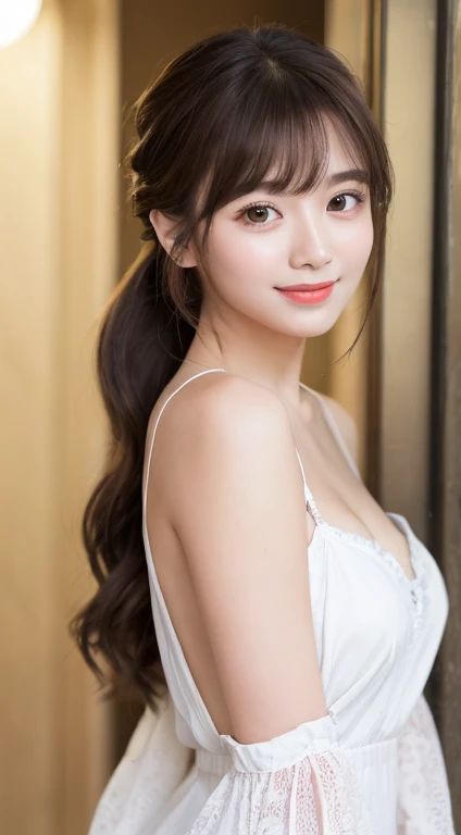 (((8ｋ,Attention to detail,Attention to detail、highest quality，masterpiece,Attention to detail,))),RAW Photos & Realistic atmosphere,Beautiful dark eyes,Mouth Details,Glossy Lips,Thin eyebrows,beautiful Eyes、Soft white skin that shines in every detail、Her deep black eyes are very beautiful, Very beautiful face,Very beautiful face、Lively Faces,beautiful, Glowing Lips,beautiful Eyebrows,Infinite Reality, Realistic Young Gravure Idol,Very cute woman , Young Gravure Idol, Young Gravure Idol, とても美しくてかわいいbeautiful 21 year old beauty,Incredibly beautiful and elegant，beautiful 21 year old beauty,Natural soft light,A little brown hair，（Shiny Hair,,beautiful and kind eyes：1.5）,A kind smile,Shapely breasts,Medium Long Hair,beautiful posture,No makeup,Watching the Future,whole body,