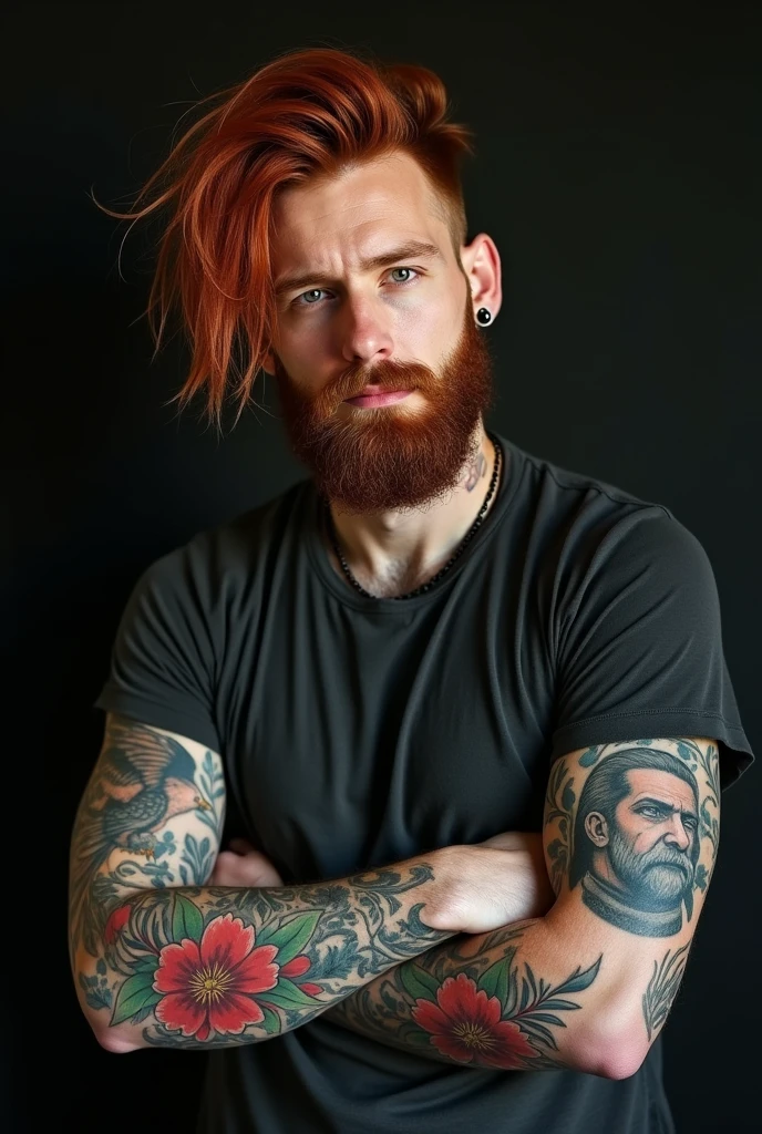 (Best Quality) ((YOUNG WHITE LATINO MAN, 29 years old, with beard, short red hair with braids, tattooed,)) ((showing his member, Sitting in an armchair))) ((YOUR HANDS FORWARD, IT HAS A SEDUCTIVE LOOK))