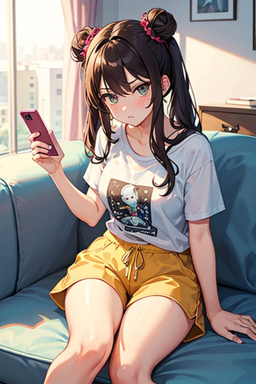 (Absurd:1.1, High resolution:1.1, 超detailed:1.1), 非常にdetailedな, 超detailed hair, (Fine grain:1.4), (Shining Eyes:1.3), thin, cute, Perfectly symmetrical face, narr○w waist, 超cute girl, 超cute face, 超cute, Super beautiful, Beautiful colors, merry (Yanmar gauge),From wlop,((Great quality)), (Beautiful legs), smartphone, Upper body rest (Beautiful colors,detailed,Highest quality,Great quality,so beautiful), base, Headphones, Tank top, Jacket, Lighting and Shadows(perspective), Lighting particles, colorful, masterpiece, Stylish room,