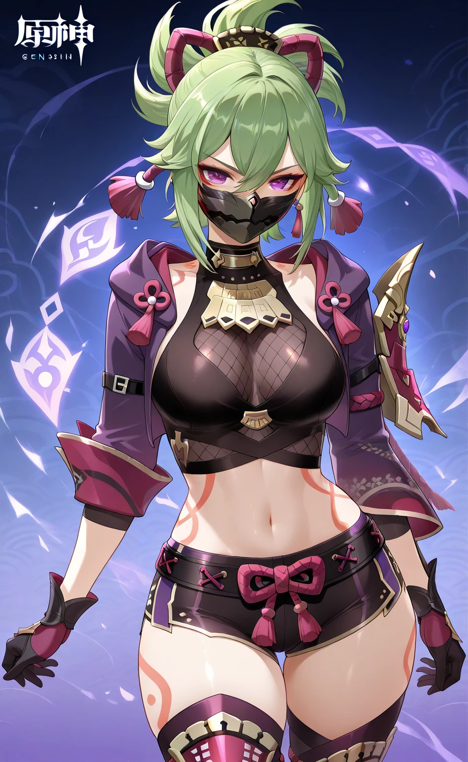 Beautiful attractive woman with green hair and mask with the best quality best effects best shadows best lighting 8k ultra HD super realistic
