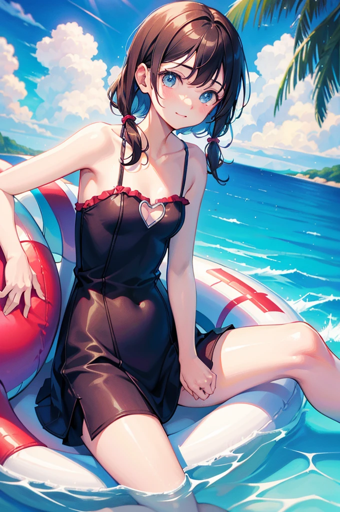 Black Hair, Black ruffled bikini, Small breasts, Top view, Lying down, Cool look, Tropical flowers, Shallow sandy beach
