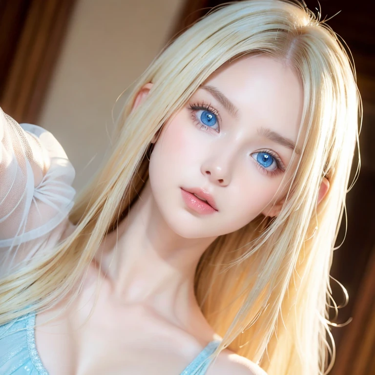 a beautiful detailed 1girl, extremely detailed eyes and face, long silky white hair, beautiful blue eyes, looking at viewer, realistic, photorealistic, photo-realistic, HDR, 8k, high quality, masterpiece, professional, ultra-detailed, vivid colors, studio lighting, physically-based rendering,Room background