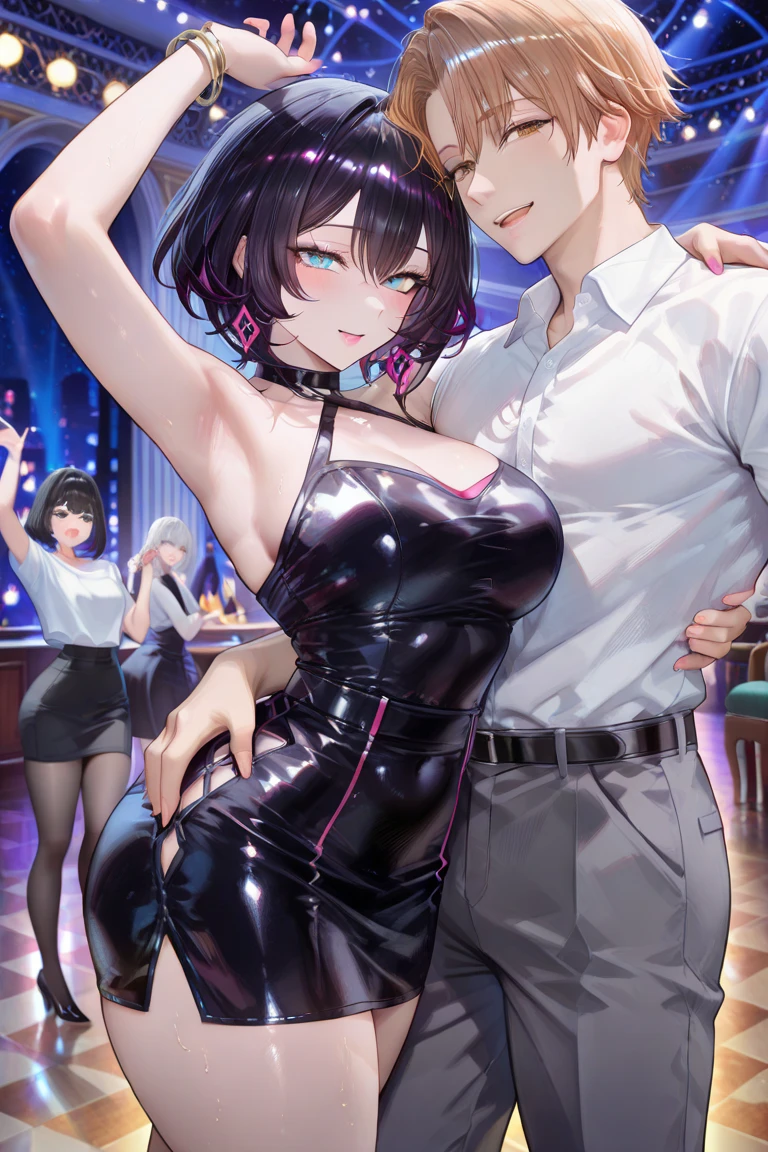 1woman,mature woman holding boy's penis,handjob,woman squatting on floor,woman with curvy body,black hair,woman focus,tongue out,sweaty,from side,crazy smile,bukkake on face,frilled white shirt,at nightclub,excessive cum,detailed skin,armpit hair,from side,short hair,sweaty,