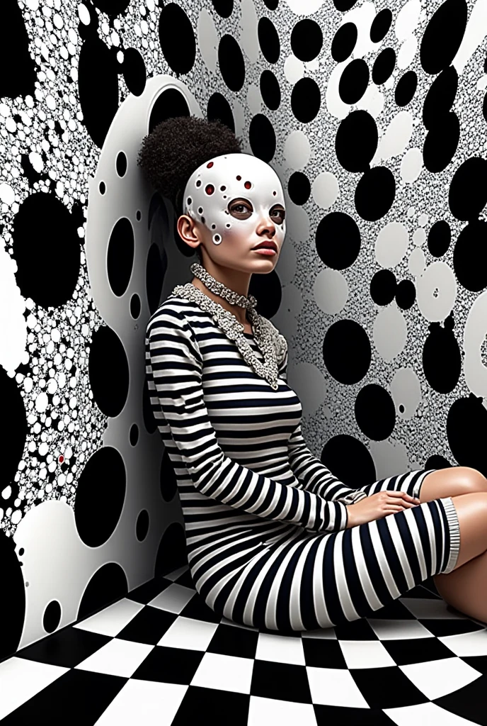 Side angle shot of black woman sitting model pose in a room full of abstract shapes of circles, triangles and squares, with a red sphere in the background, black and white picture with only the red sphere in colour, ultra HD, cinematic lighting, 32k 