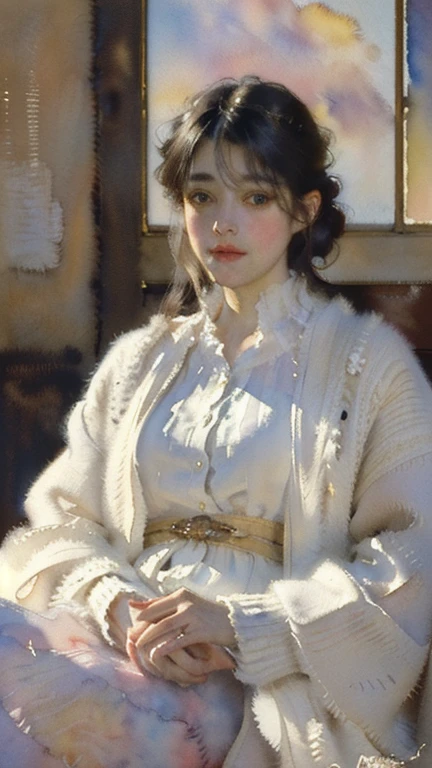 ((Sargent style watercolor))、(highest quality、masterpiece)、soft light、1 girl, relax in the morning, quiet, peaceful, comfortable, relaxed, fluffy knit cardigan, warm lighting