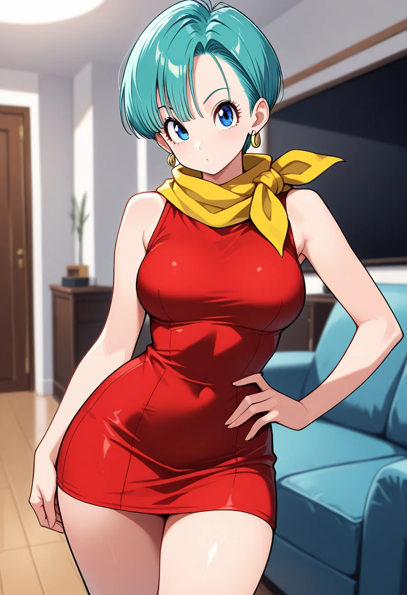 masterpiece, best quality, highest quality, (perfect illumination:1.4), (photorealistic), perfect anatomy, perfect face, perfect eyes, 
 bulmadbzreddress, aqua hair, Bulma with no bra , erotic , seductive , large breast , sexy thighs , nsfw