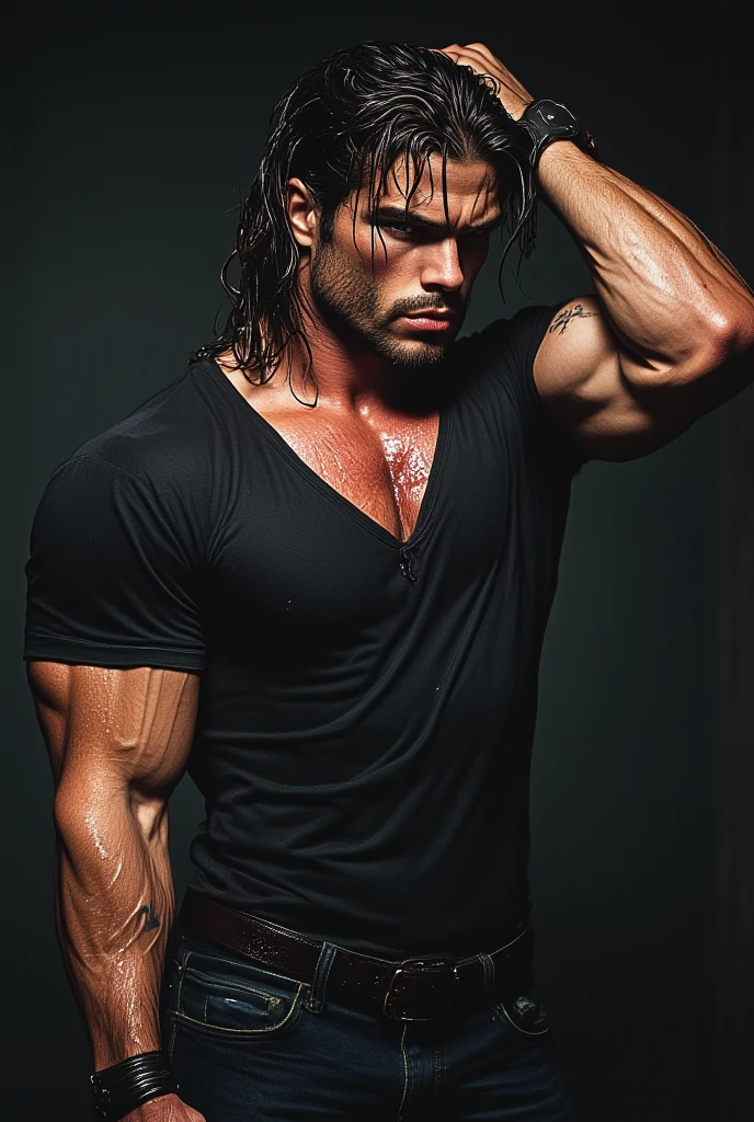 A man, 25 years old... extremely hot and sexy... he's lean but muscular and long black messy hair...shirt and pants...chained and muzzled to a stand