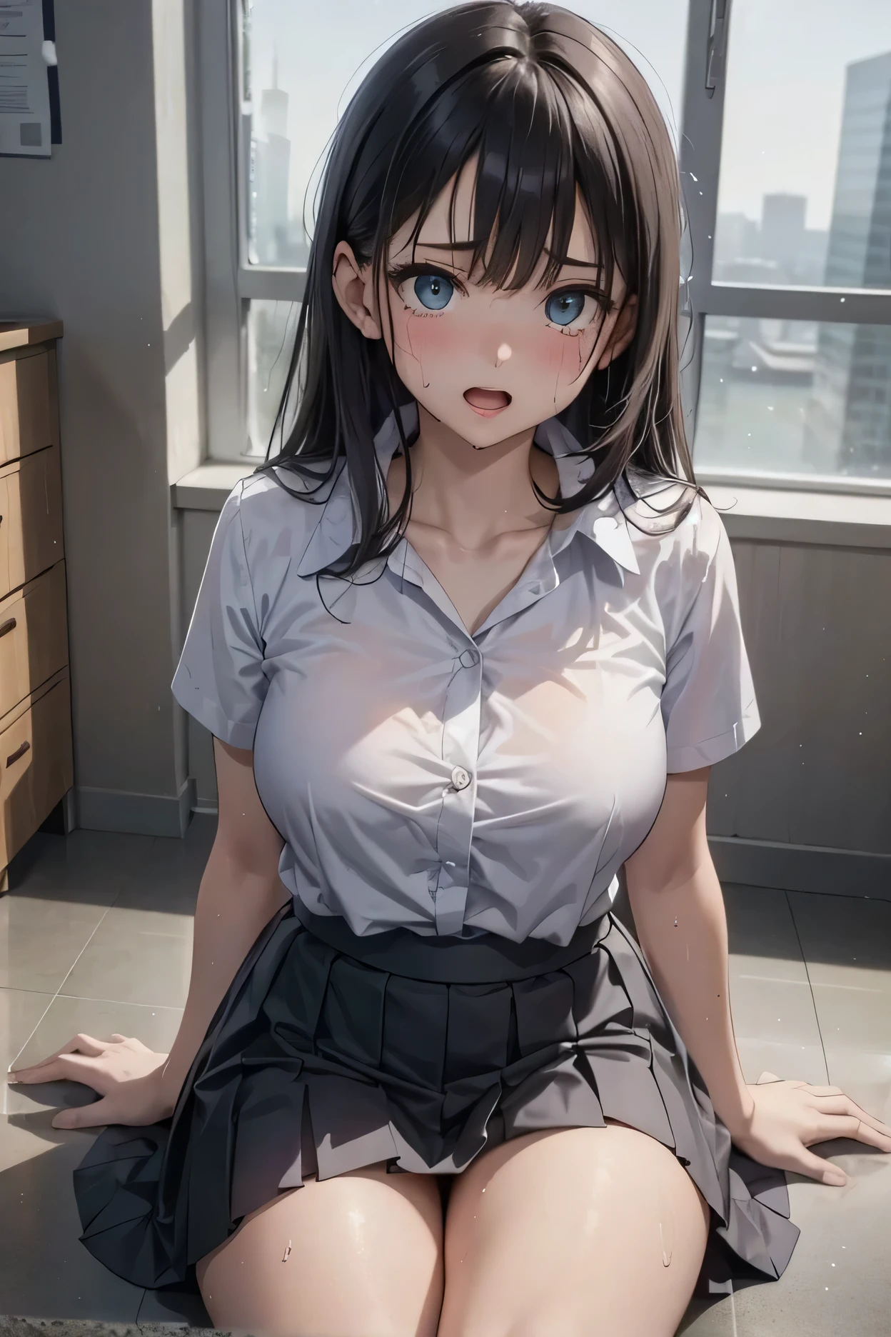 Tabletop, Highest quality, 8k, office lady、Navy Recruit Suit、Tight mini skirt、Award-winning portraits, alone, Digital single-lens reflex camera, Looking at the audience, Thin arms, whole body、Put your fingers in your pantieasturbation、Ahegao、Professional Lighting ,{Sitting in front of the station、Spread your legs},((Aqua blue lace panties、Garter Straps、garter belt、Garter Stockings))