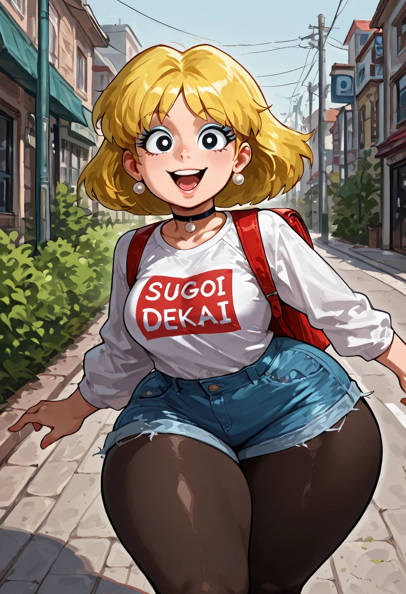 Lori Loud. medium breasts, huge hips, blonde hair, black eyes, blue eyeshadow, pearl earrings, white earrings. choker.| Score 9, Score 8, Score 7, Masterpiece, Superior Quality, Amazing Quality, Masterpiece, Maximum Quality, Ultra-detailed, Alone, White Frame, Maximum Contrast, Saturated Color, Bright Colors, Dynamic Lighting, sugoi dekai, white shirt, raglan sleeves, long sleeves, black pantyhose, black legwear, denim shorts, on the street, sidewalk, bushes in the background, happy, red backpack, playing on the road, mischief, making fun,