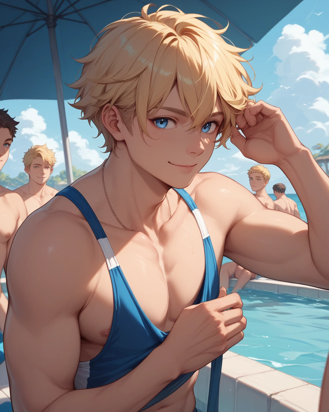 (masterpiece, highest quality, super detailed) , ,(Three boys:1.8),), (Poolside:1.4), ) ,many men, , short hair, , (swimsuit:1.3), , , landscape, リアルなswimsuit, (anime:1.2), (swollen crotch:1.5), Topless, (shota:1.5) little boy, , standing posture, trunks, full body, yellow eyes,blue hair, barefoot,