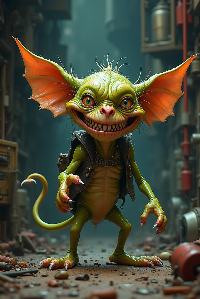 painting, surreal, goblin, skinny, yellow skin, brown hat, pointy teeth, wide eyes, red eyes, large ears,
