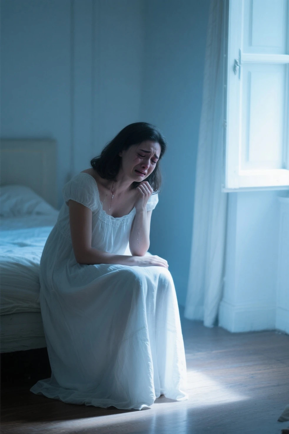 A young woman is sitting and crying, her hair is long and messy, she is wearing a white dress. The hand is holding a short knife. no shoes
