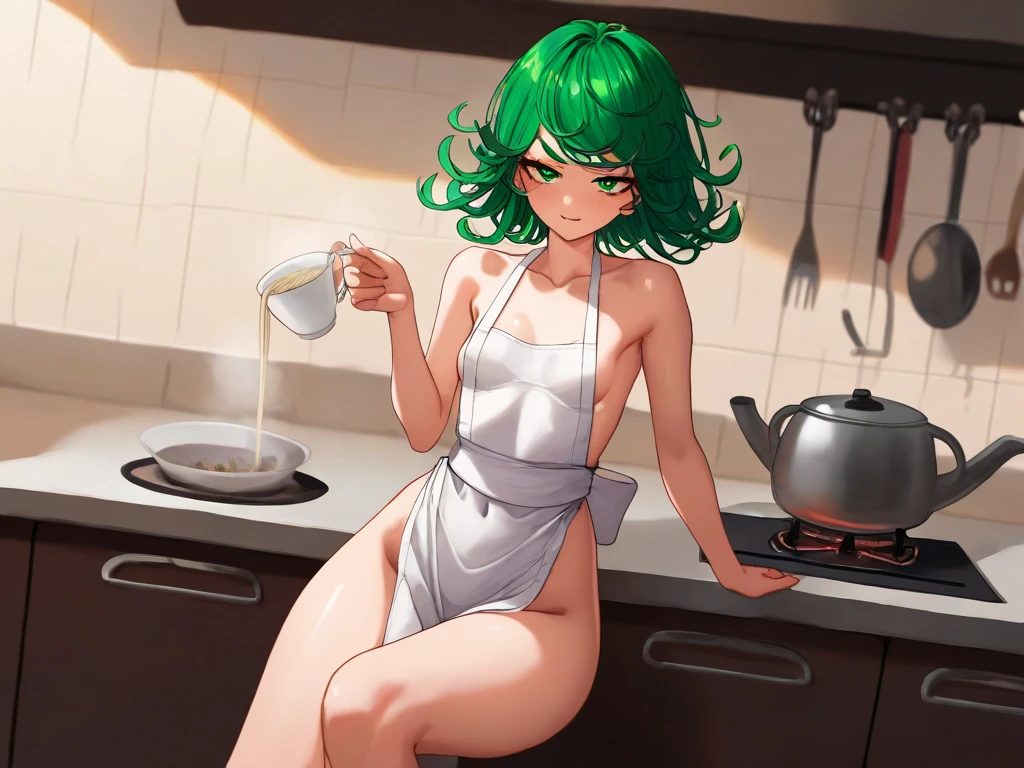 1girl, tatsumaki, one-punch man
\\\\\ masterpiece, best quality, newest ///// nyantcha, khyle, cutesexyrobutts \\\\\ thin waist, solo, sky, clouds, cropped legs, angry, day, looking at viewer, dutch angle, naked apron,, sit on kitchen table