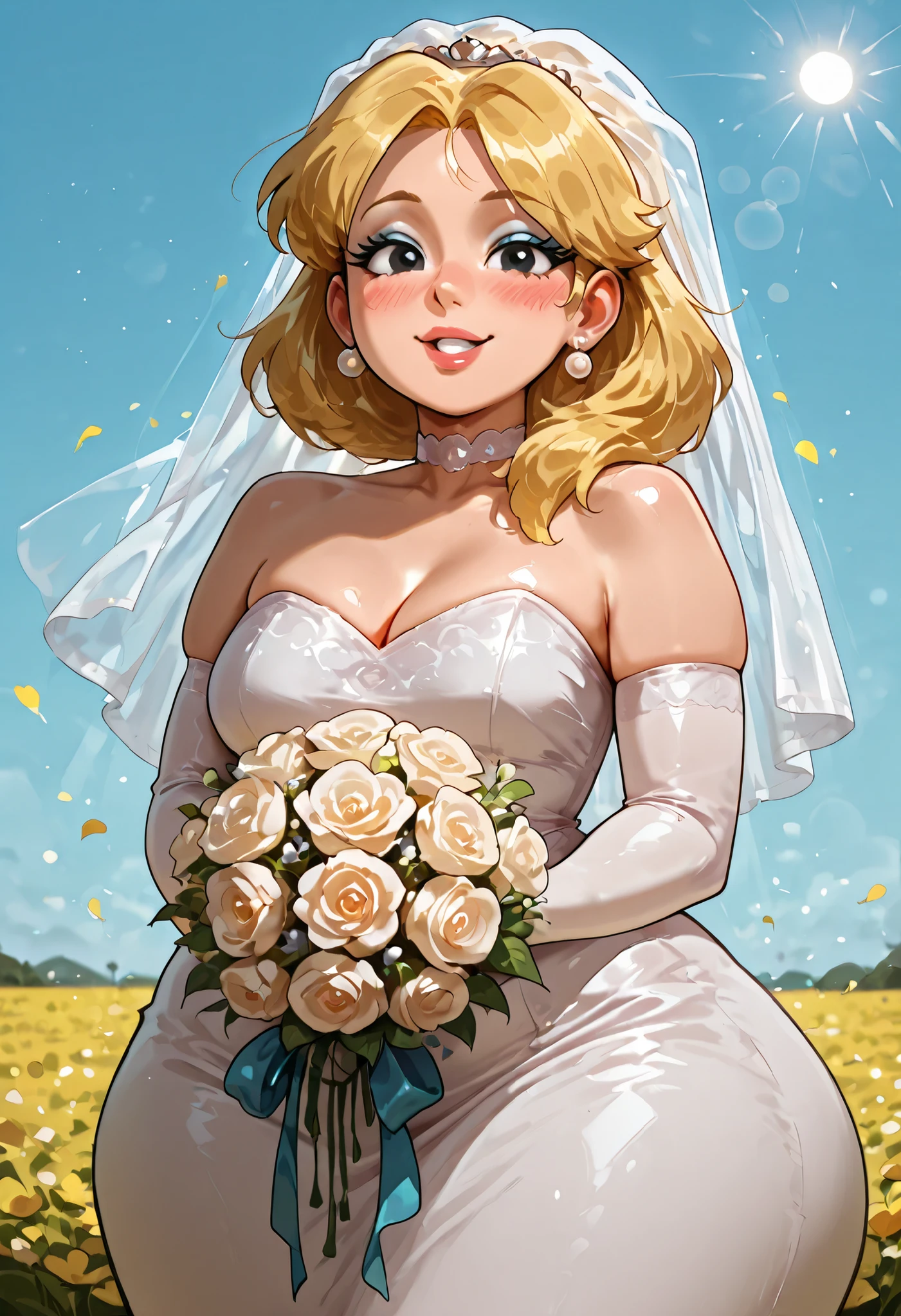 Lori Loud. medium breasts, huge hips, blonde hair, black eyes, blue eyeshadow, pearl earrings, white earrings. choker.| lazypos, 1girl, solo,hair over shoulder, , red earrings, wedding dress, bridal veil, elbow gloves, bokeh, sun, flower petals, blue sky, field, looking at viewer, smile, parted lips, blush, holding bouquet,