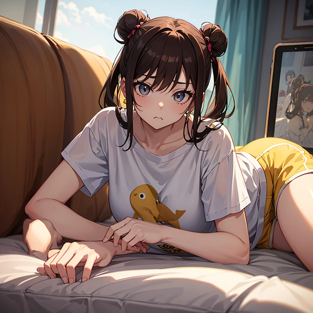 (masterpiece), short hair, brown hair, golden eyes, smile, pajamas, ahoge, open mouth, barefoot, pillow, black hair, on stomach, short hair, bed, lying, book, onesie