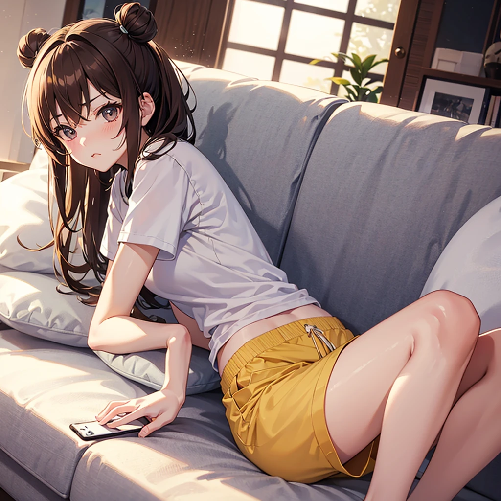 realistic anime illustration of pretty young girl is lying down on bed, holding a book,  she has a brown wavy low ponytail (forehead), wearing black tanktop, denim pencil mini skirt, bare legs and bare feet, (1girl, solo, full body), (masterpiece, best quality, Japanese anime style), (expressive eyes, perfect face, perfect anatomy)