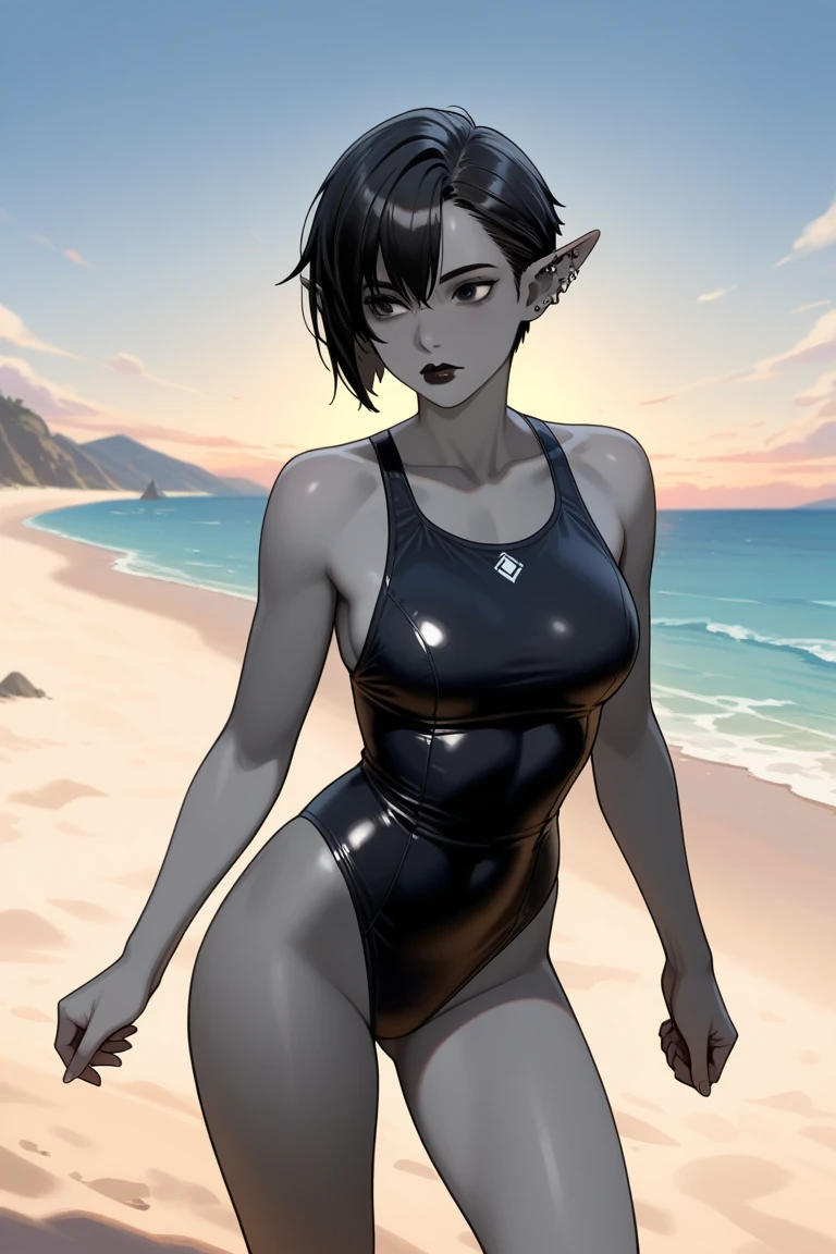 1girl, female mature elf, curvy body build, short red hair, blue eyes, black leather bikini top, stomach exposed, black leather bikini bottom, black stiletto high heels, seductive smile, seductive pose, kneeling on sandy beach, full pouty lips, front view, head tilted towards viewer