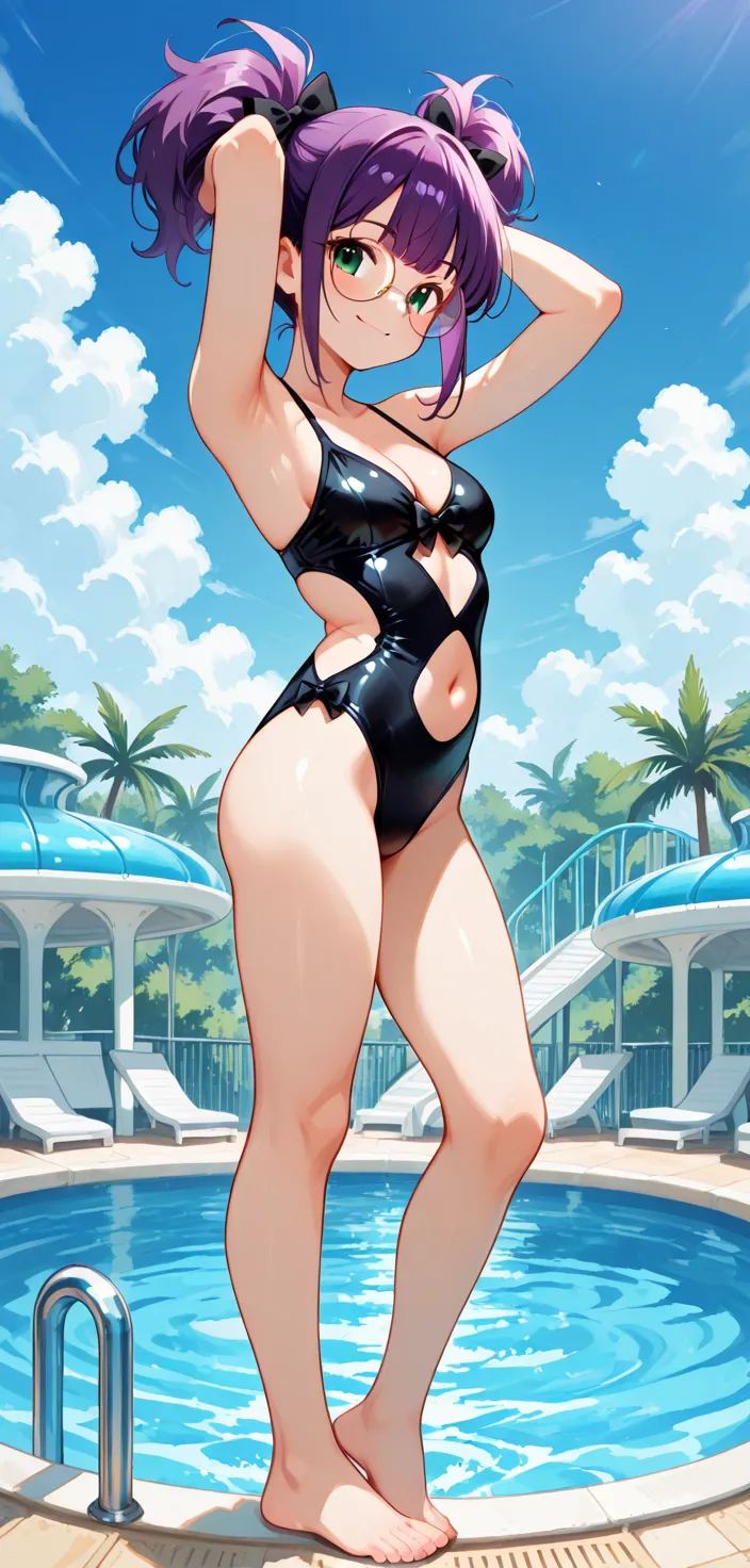 a black haired woman with brown eyes with an hourglass figure in a one piece swimsuit is holding a coconut at the beach