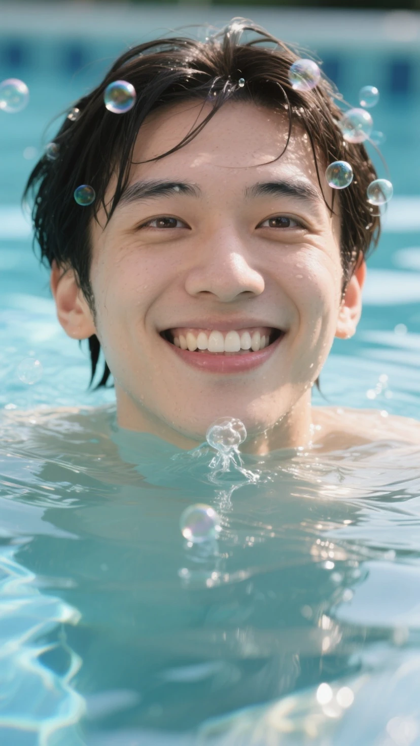 Create a photo of a white Asian boy, smile, Athlete-looking man with blue eyes in a swimming pool