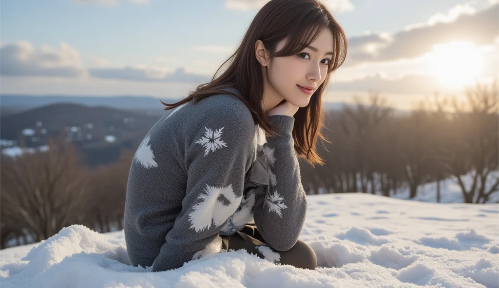 Snow cave in snow country, Sweater and skirt, wonderful, masterpiece, At night, Cute girl smiling, Crouching down, looking straight ahead