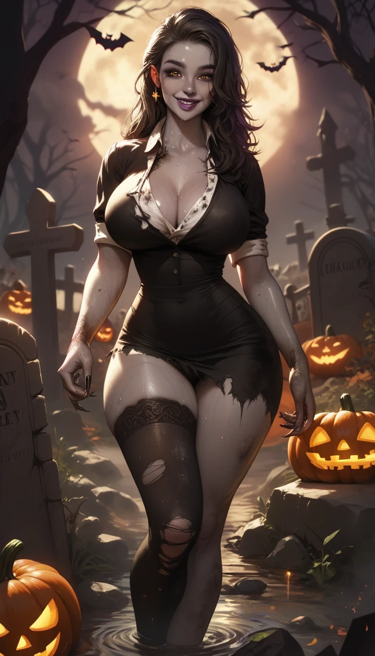 Best quality, Masterpiece, 8k, woman, 24 Years old, half body, long ginger hair, parted bangs, detailed grey eyes, (blush), (v-shaped eyebrows:0.8), :o, huge breasts,(curvy:1.1), cleavage, (skindentation), ((witch hat)), ((black leotard)), (bare shoulders), ((black elbow gloves)), ((black stockings)), sweat, (running), ((graveyard)), ((night)), (dark sky)