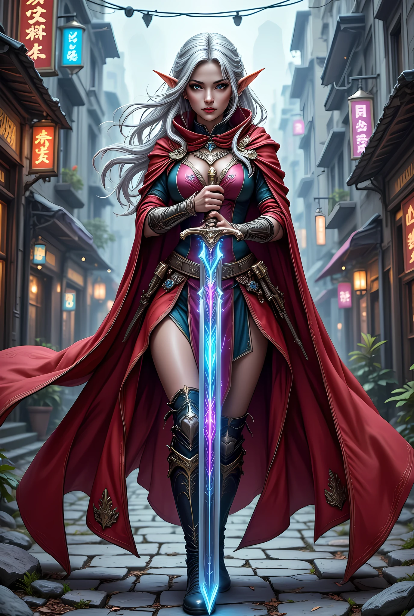 a picture of a female elf (intense details, Masterpiece, best quality) fantasy swashbuckler, fantasy fencer, armed with a slim sword, shinning sword, metallic shine, colorful clothes, dynamic clothing, an ultra wide shot, full body (intense details, Masterpiece, best quality)epic beautiful female elf (intense details, Masterpiece, best quality), rich hair, flowing hair, silver hair, small pointed ears, action shot, GlowingRunesAI_red , colorful magical sigils in the air, colorful arcane markings floating, holding a sword (intricate details, Masterpiece, best quality), fantasy urban street (intense details, Masterpiece, best quality), red cloak, long cloak (intense details, Masterpiece, best quality), sense of daring, sense of adventure, high details, best quality, 8k, [ultra detailed], masterpiece, best quality, (extremely detailed), dynamic angle, ultra wide shot, photorealistic, RAW, fantasy art, dnd art,fantasy art, realistic art, Celestial Fantasy, zavy-ctcmcs, w1n, hyp3rd3tail style