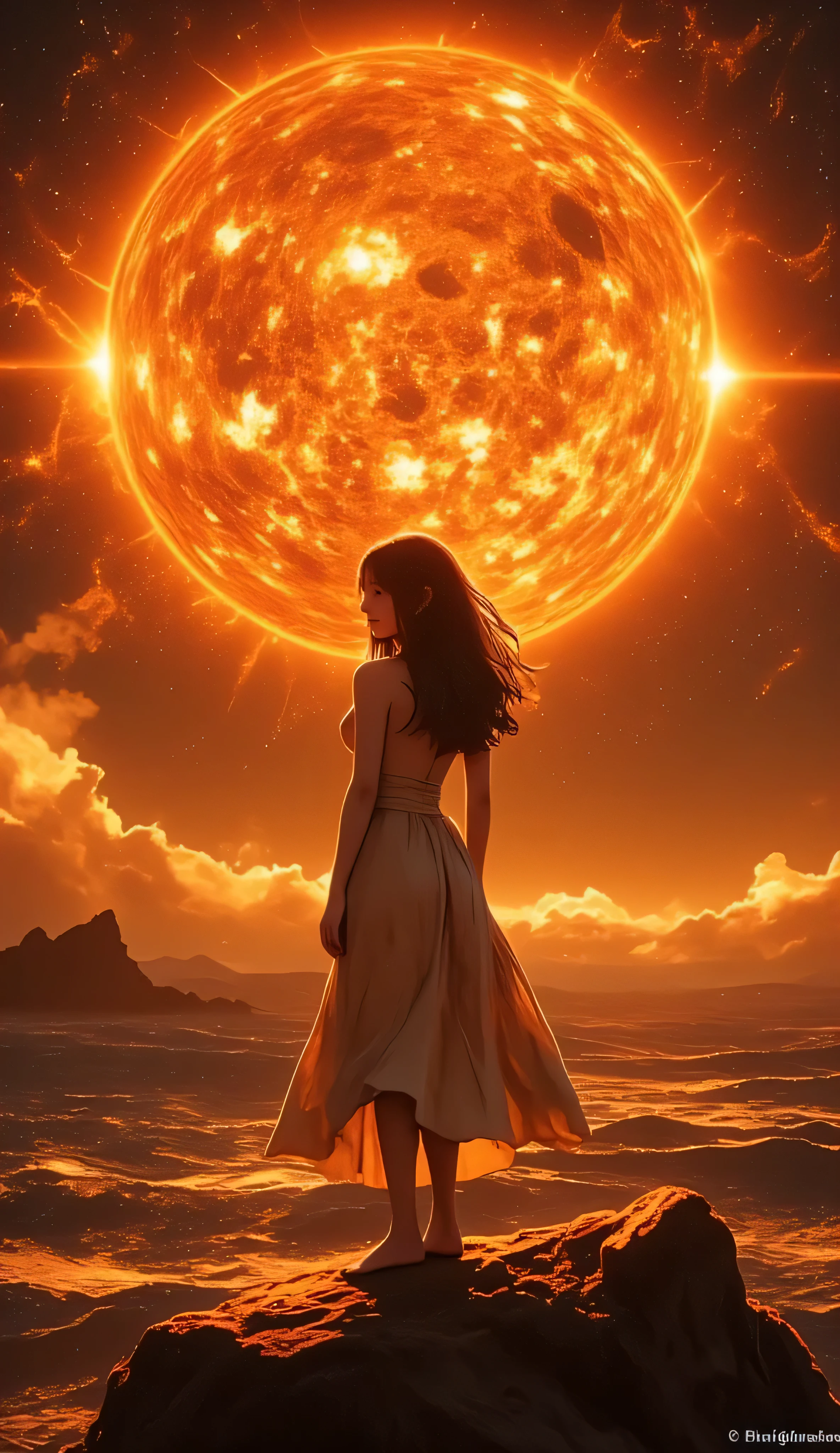1 busty girl standing on the surface of the sun. watching a huge solar tornado. focuses on solar tornadoes . a close-up of a solar tornado . polar vortex . on the ground , there is a solar flare , Solar Picures , Prominence of the Sun , solar plage ,solar corona, dark filaments , dark filaments , Stratum , solar transition region .,