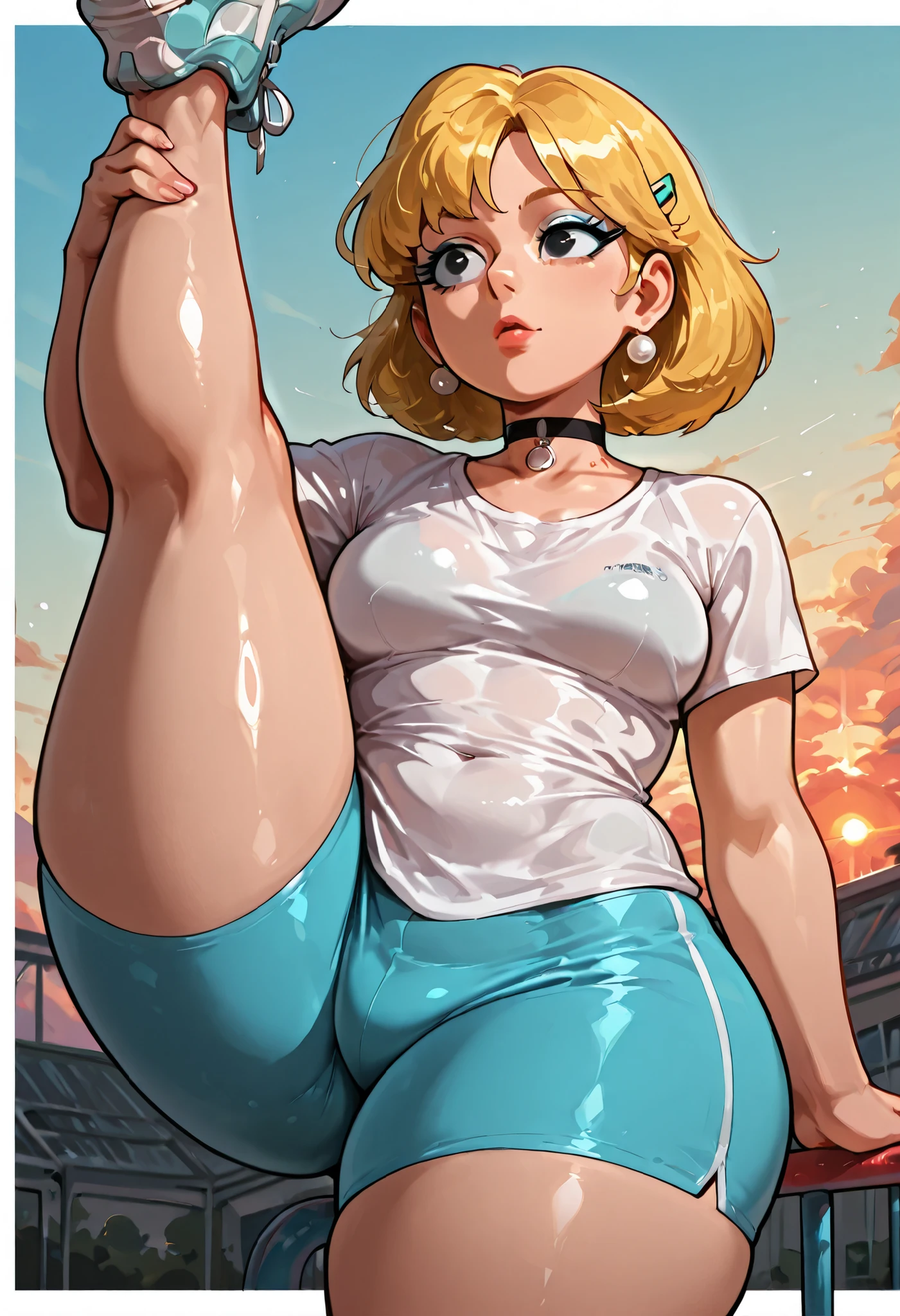 Lori Loud. medium breasts, huge hips, blonde hair, black eyes, blue eyeshadow, pearl earrings, white earrings. choker.| Score 9, Score 8, Score 7, Masterpiece, High Quality, Good Quality, Latest Model, High Resolution, Absurd, ((White Border)), Cinematic Lighting, High Contrast (Rim Light: 0.6), Dynamic Vision, Vibrant Colors, Bright Color, Dynamic Colors, Colorful Image, High Contrast, Saturated Colors, Thick Line, Bright Colors, Good Lighting, Color Saturation, Masterpiece, Best Quality, source_hentai, Medium Close-up, hairclip, ear piercing, piercing, choker, A girl, masterpiece, high quality, ultra-detailed, twenty-something, gymnasium playground, colorful sky, sunrise, warm-ups, spandex shorts, tank top, t-shirt, shorts, sneakers, hair up, leg stretch,