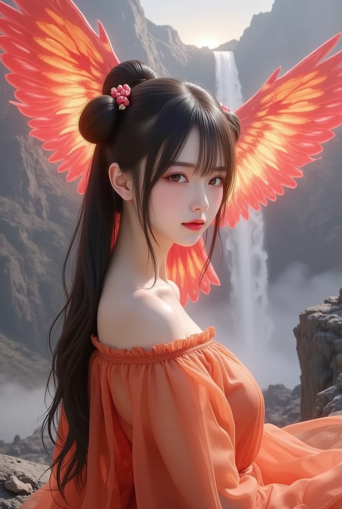 masterpiece, best quality, ultra-detailed, CG illustration, high resolution, better lighting, best shadow, extremely delicate and beautiful, appropriate shading, HD, 8k, ray tracing, hyper detailed and sharp background, perfect lights, anime style, Inspired by the game Mahokenshi: House of Ruby (Tengu, winged mountain kami, aggressive, red and white colors), strength, samuraipunk, solo, 1 Malay woman, red hair, red eyes, adult, obi tassel,