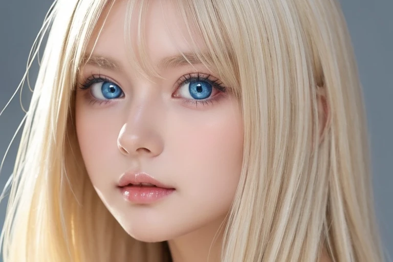 high quality、最high quality、Photorealistic、Raw photo、Real、超Real8K CG、Super detailed、High resolution、masterpiece、1 Girl、Super long hair、Light blonde hair、Bright Blue Eyes、Detailed face and eyes、Close-up、Intricate details、Detailed Texture、details、details、A perfectly beautiful face、Messy silky beautiful light blonde hair、Beautiful cute girl 16 years old、Very beautiful beautiful bright pale sky blue big eyes、Very super long beautiful blonde silky shiny hair、Long beautiful bangs、Very big eyes、Small Face Beauty、eyeliner、very white shiny skin、Gloss Face、Cheek gloss、Hair above the eyes、片Hair above the eyes、Hair between the eyes、