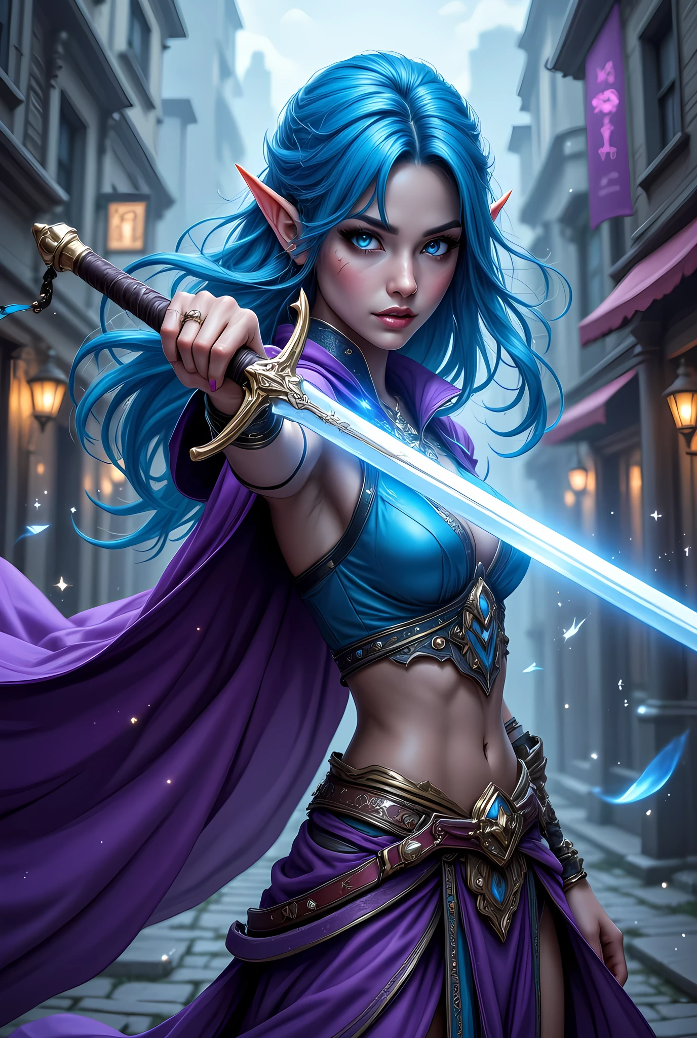 a picture of a female elf (intense details, Masterpiece, best quality) fantasy swashbuckler, fantasy fencer, armed with a slim sword, shinning sword, metallic shine, colorful clothes, dynamic clothing, an ultra wide shot, full body (intense details, Masterpiece, best quality)epic beautiful female elf (intense details, Masterpiece, best quality), rich hair, flowing hair, azure hair, small pointed ears, action shot, GlowingRunesAI_red , colorful magical sigils in the air, colorful arcane markings floating, holding a sword (intricate details, Masterpiece, best quality), fantasy urban street (intense details, Masterpiece, best quality), purple cloak, long cloak (intense details, Masterpiece, best quality), sense of daring, sense of adventure, high details, best quality, 8k, [ultra detailed], masterpiece, best quality, (extremely detailed), dynamic angle, ultra wide shot, photorealistic, RAW, fantasy art, dnd art,fantasy art, realistic art, Celestial Fantasy, zavy-ctcmcs, w1n, hyp3rd3tail style