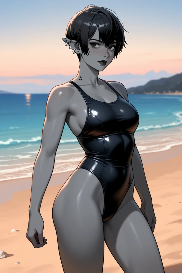 AvKiri, 1girl, blue skin, yellow eyes, black hair, short hair,small breasts,black bikini,crossed top,underboob,highleg panties,cowboyshot,4k resolution,nsfw