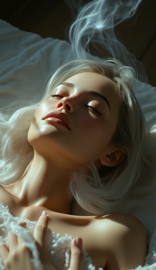 best quality, masterpiece, (photorealistic:1. 4), 1girl, closed lips, wearing a white satin sleeping dress, best quality, masterpiece, ultra high res, (photorealistic:1. 4), intricate details, (looking at viewer:1. 4), full body, dim lighting, indoor, lying on bed, bedroom, nighttime