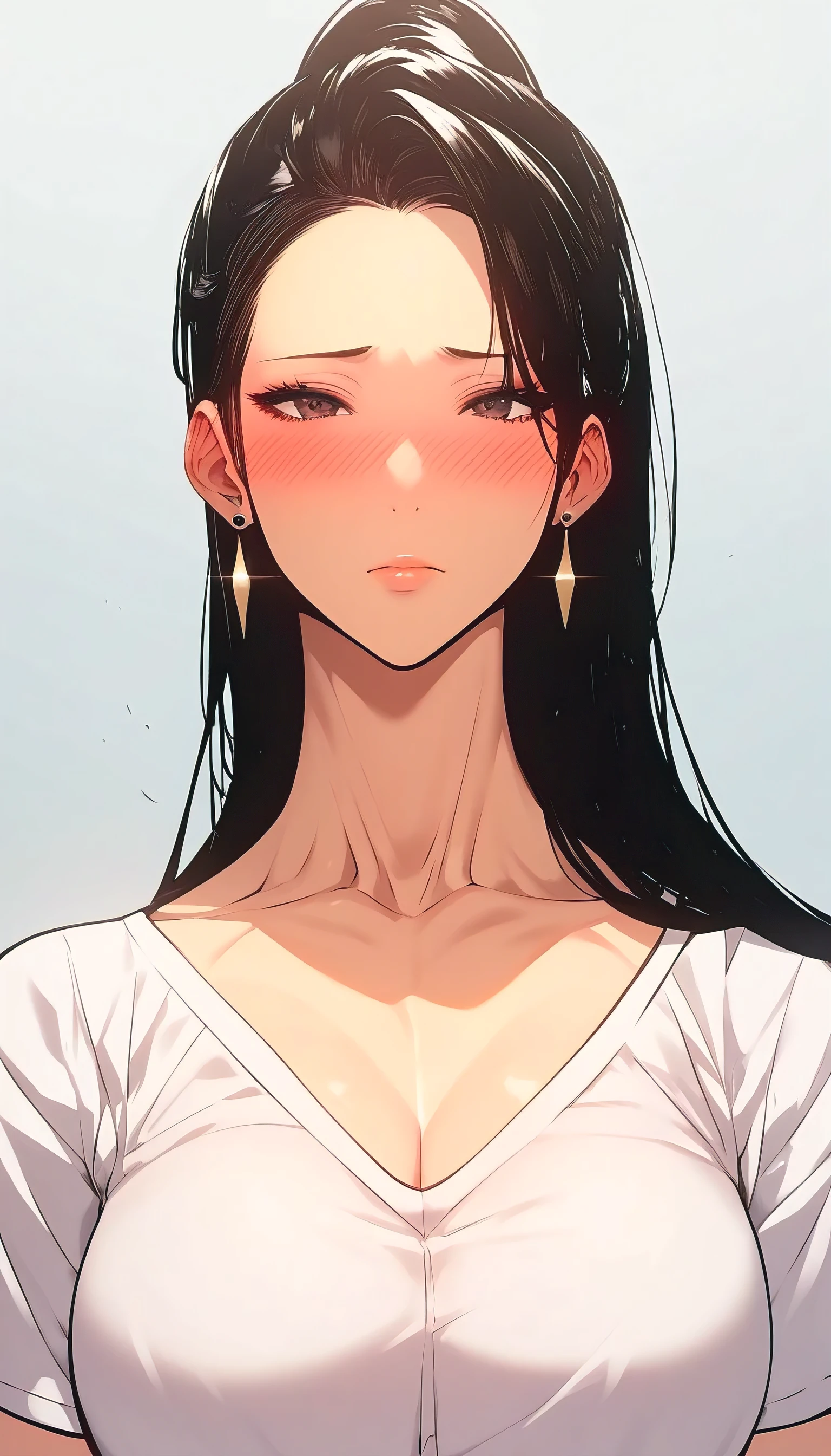 Score_9, Score_8_up, Score_7-up, Score 6-up, ScoreS Score 4_up, Source anime, Tag1, Tag2, Best quality, High quality, Detailed, High resolution, 8k, Ultra high res, Soft saturation, Professional quality, Perfect contrast, Perfect litthing, Anatomically correct, Perfect face, Face perfect, Perfect hair, Perfect eyes, Perfect body, Perfect chest, Perfect arms, Flawless skin, Clear face, Hyper breasted, Wide hips, Gargantuan butt, Sensual woman, Embarrassed, blush, blush lines,long earrings , tshirt top white.