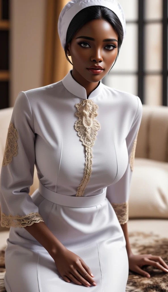 A muslim neqab white abaya housekeeper is cleaning a tiger fur cloth , long face veil , looking attractive to viewers 