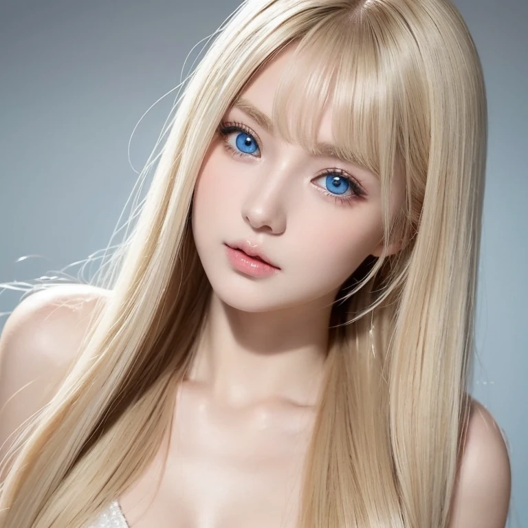 Beautiful silky skin、Smile in the middle、matchless beauty、exceptional sexy beauty、Beautiful calm and bright expression、super long blonde silky hair、long blonde hair that falls in the center of the face、Sexy refreshing appearance、Perfect beautiful cute face with shiny bright glossy blonde silky hair、beautiful face blonde、Very cute beautiful sexy young little woman、Very perfect beautiful cute face、Beautiful cute big clear bright light blue eyes、Very beautiful bright light blue big eyes、very big eyes、Very bright white young beautiful skin、Gloss Face、Teak Gloss、cheek highlights