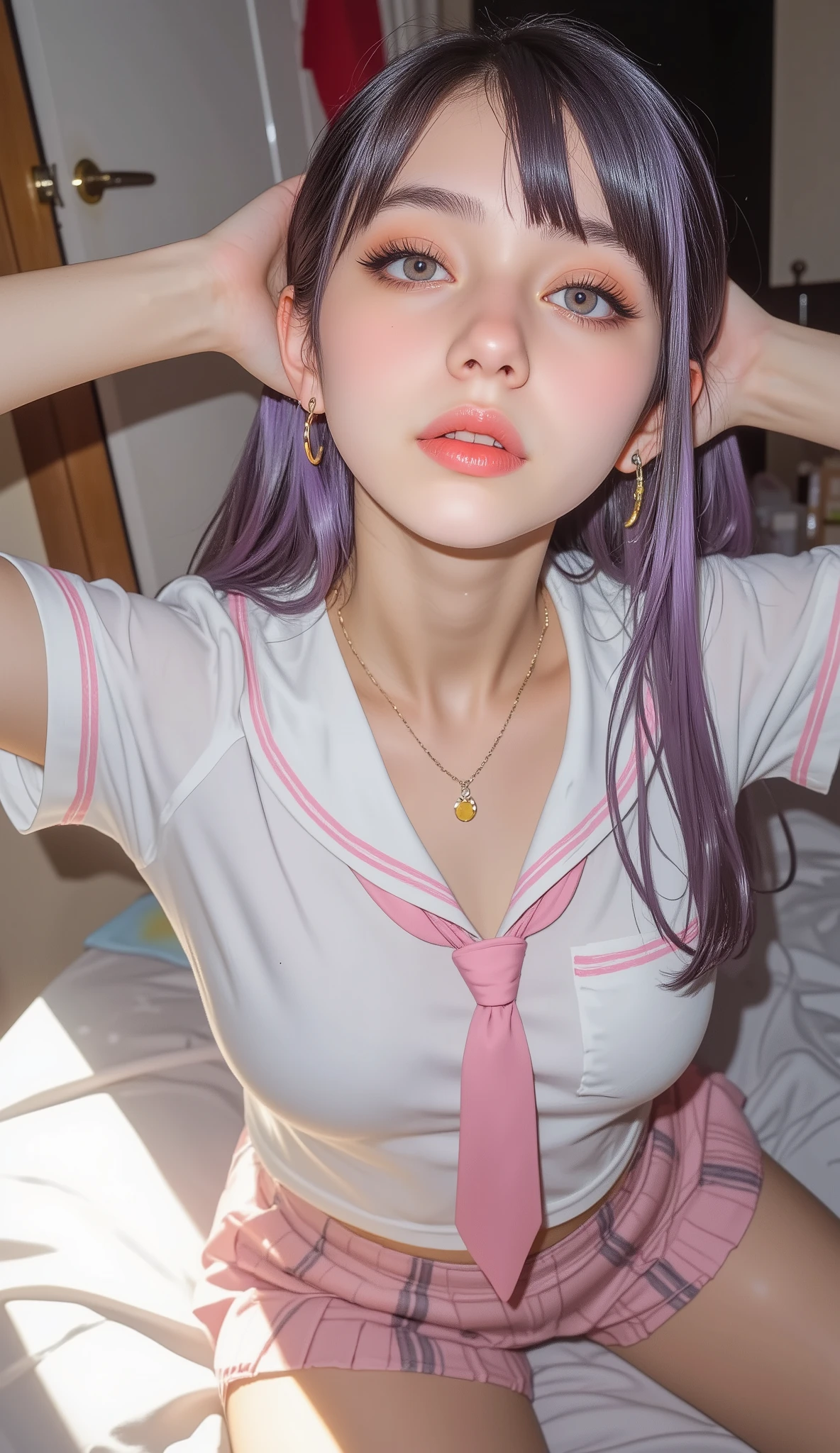 ((My face is wet with milk))、Background Bedroom、((On all fours))(Open mouth climax face)、Braided Hair、Cute face drawing、Realistically、(Two 29-year-old women embracing each other, cleavage emphasized)、Wearing a ((hoop earrings, college girl (Purple straight long ponytail hair, Princess Updo, HairClips, Hair Ornaments, perfect glowing pink-purple eyes) in uniform, (pink plaid pleated skirt), (see-through white unbuttoned blouse), (pink tie), (thigh high socks))),,Big Breasts,Accentuate your cleavage,Looking up from below,blush,moist pink lips,sexy,Own,Please open your mouth wide、Place your arms behind your head、Wear underwear