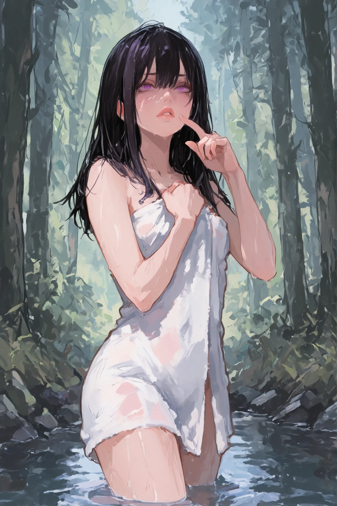 Futanari witch girl with long dark hair, with her purple eyes and a stern look, aggressive facial expression,  lips pursed, is wrapped in a towel and holds a towel with her hand, points a finger, the riverbank in the forest,  knee-deep in water 