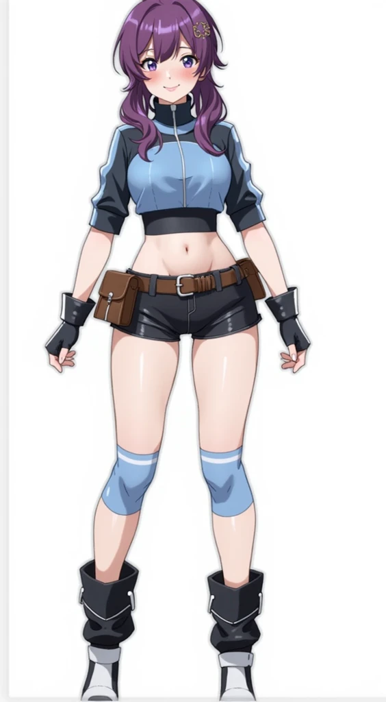 (1girl,  solo, (masterpiece:1.2), best quality, , Midriffs, black Police peaked cap, , front-tie bra, white hair, single braid , Blue eyes, Black High-waist shorts, red belt, Black fingerless gloves, black Calf boots, ((perfect female figure)), seductive posture, sexy pose,  ,Hinata hyuga , smile 