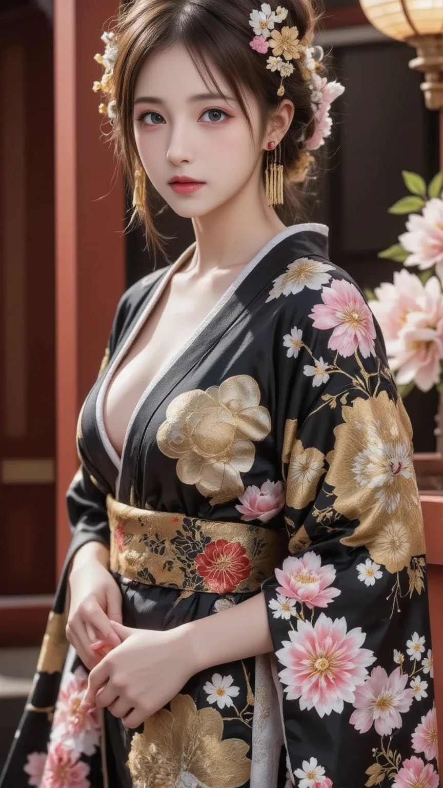 gorgeous oriental woman, black hair in an elaborate hairstyle, elegant embroidered kimono, sakura flower embroidery, gold details, full body shot, cleavage, bare shoulders, standing, large breasts, alchemist, strapless dress, vials
, potions, updo, blank background, white background, lulu, ffx