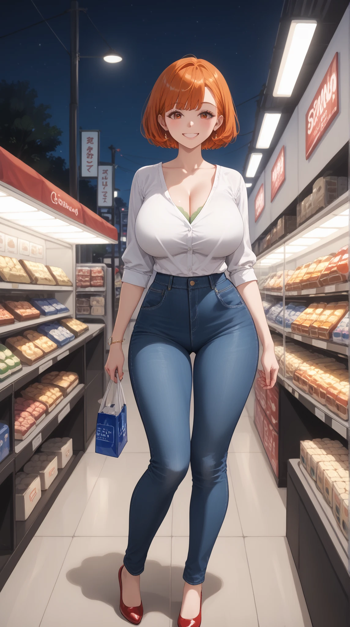 ((highres)), Masterpiece, high quality, best quality, beautiful, perfect lighting, detailed face, ultra cute face, cowboy shot, full body, ((1girl)), ((solo)), looking at viewer, skindentation, ((blushing)), shocked, embarrassed, short orange hair, green eyes, glasses, freckles, jeans, tank top, jacket, tight clothes, full body, grocery store, walking in a grocery store, walking, medium breasts, perky breasts, cleavage, ((wide hips)), ((thick thighs)), ((chubby)),