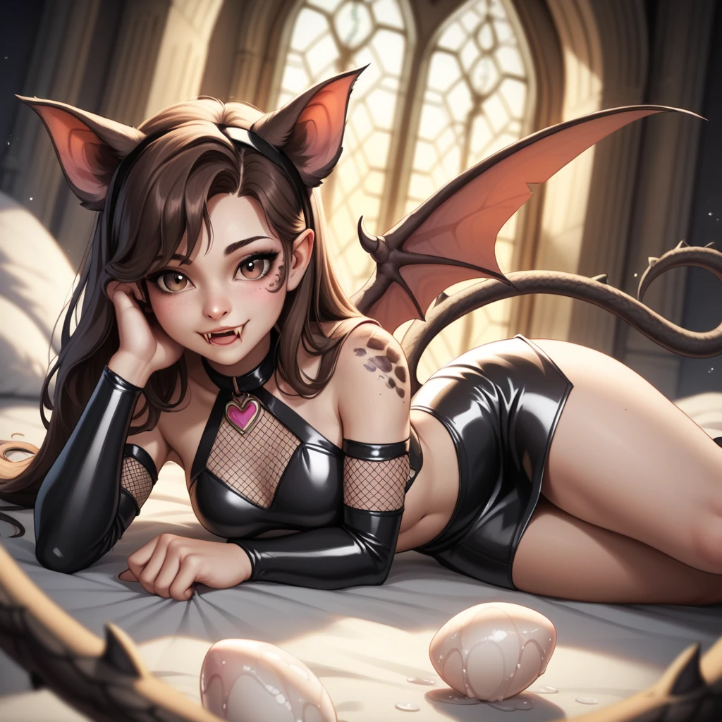 Sexy girl around ,Wear lace lingerie jumpsuits,fishnet stockings,Long-barreled latex heels,Restraint,Arm restraints,Lie on the delivery bed,Long hair,Cat ear hair card,ears of elf,nose hook,耳Nipple Ring,The girl was tied in chains,A black face,Bad laughs,perspire,Perverted,Colorful hair with demon wings, Pubic bone_Tattooed with, heart - shaped pupils,Bicolor pupils,seductiv,fullnude ,Body modification,Sexual organ modification,oestrus