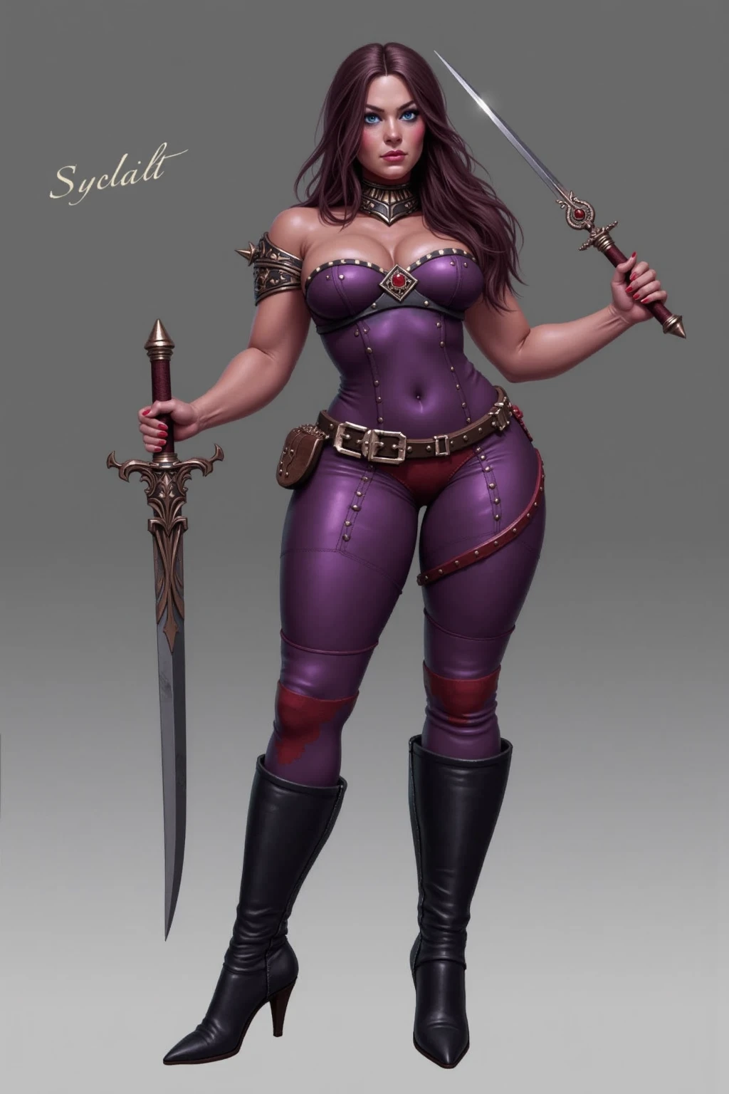Create a purple haired character in medieval style lingerie with big ass and boobs holding a crossbow with a realistic defiant and confident look .
