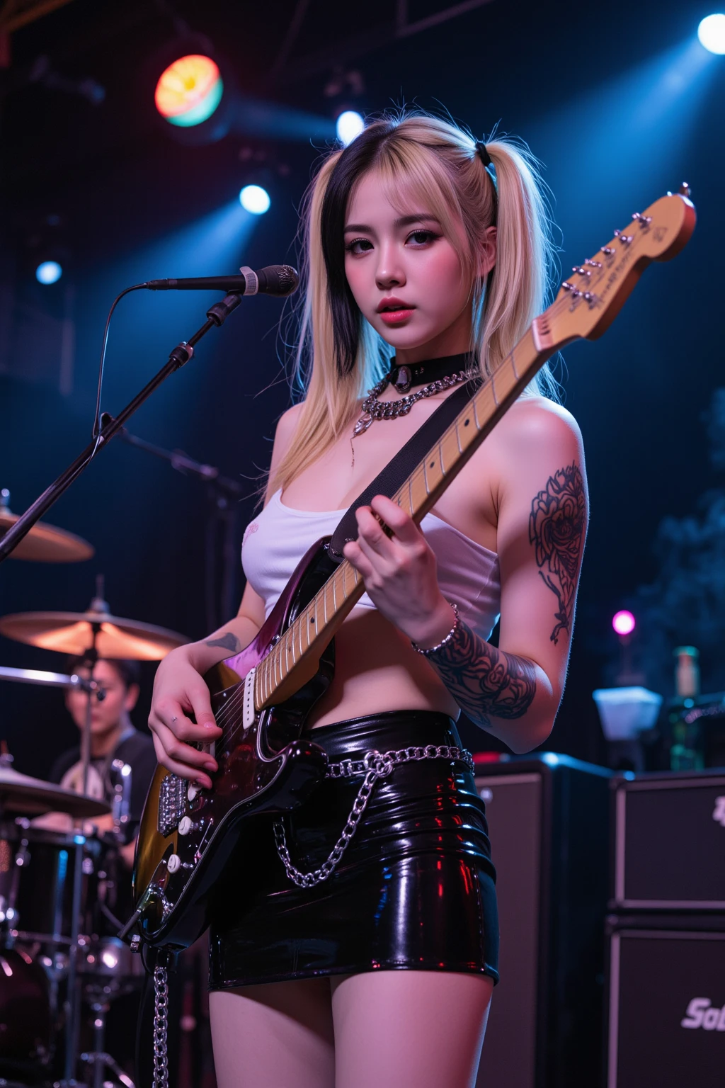blond woman in black top and leather skirt sitting on bed with guitar, cruel korean goth girl, roseanne park of blackpink, portrait of jossi of blackpink, jossi of blackpink, ava max, she is wearing a black tank top, jia, e-girl, e - girl, misa amane *, girl screamin yolo - aesthetic, goth girl aesthetic
