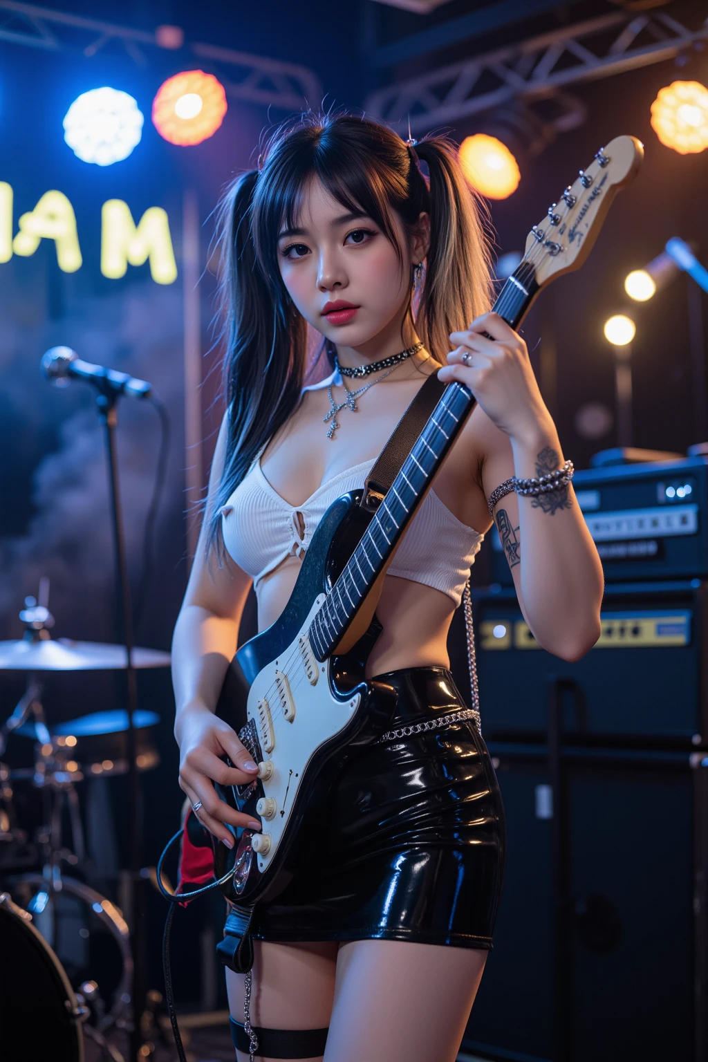 Ropa linda de rock con brillos,Labios rojos, perfect face like a doll, rostro hermoso, guantes negros de rock, estrella,ropa negra rasgada, maquillaje hermoso, kiss band,  star, chica linda pero ruda tocando guitarra,Guitarra electrica roja en la mano de la chica,cara hermosa como la de una rockera, cabello suelto ondulado, electronic red guitar, cabello suelto como la de un rockero, chica tocando la guitarra electrica en el piso de un escenario concierto de banda, banda de rock, rock, metal, rock, accesorios de banda, VIBES DE ROCK,  de Mötley Crüe rock band,Concert background with beautiful red lights,Girl playing electric guitar, pecho descubierto, piernas descubiertas, muslos gordos, pechos lindos, enormes curvas, mujer con muchas curva, caderas anchas, caderas anchas, 8k, (best quality:1.2), (detail:1.1), (photorealistic:1.25), highly detailed facial features, high fashion, moody, nice , pretty face, cute, Short black hair, Short hair, very wide hips, medium and cute breasts, beautiful lips, cute face, seductive but innocent, slightly exposed chest, cute clothes, Juicy and provocative lips, short and cute clothes, shy but seductive attractive eyes and sexy pose, Super wide hips, big breasts, small waist, voluminous and slightly rebellious hair, 