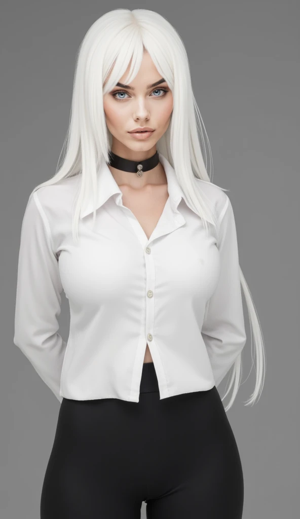 ((Half a white lab coat on the outside), shirt, pleated skirt, (black pantyhose), [: (Face Details: 1.2): 0.2], raw photo, (highest quality), high resolution, (realistic, photorealistic: 1.2), ultra high definition, physically based rendering, one girl, air bang, long hair, (silver) hair), wavy hair,