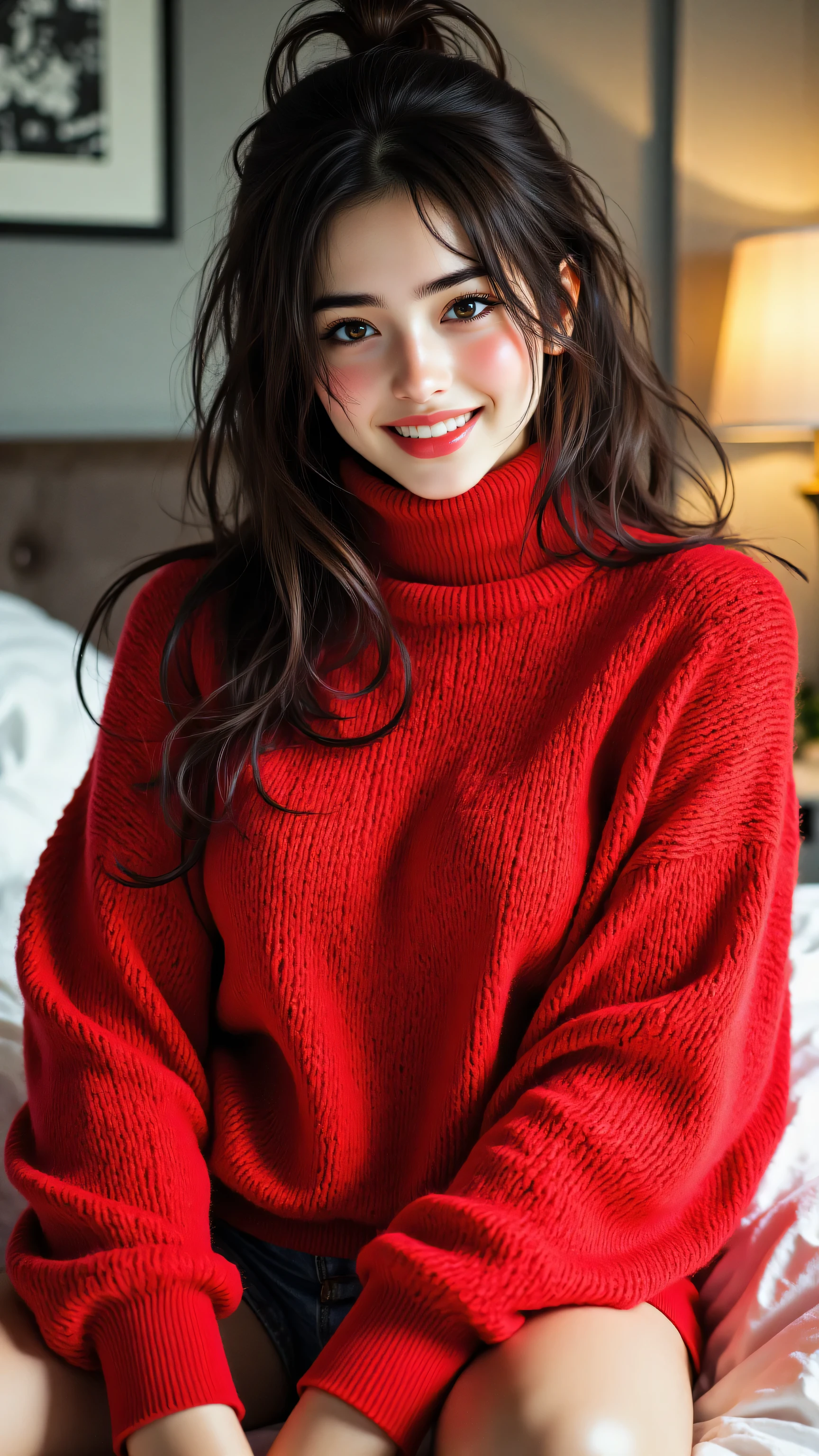 8k, Masterpiece, Top Quality, medium shot, slightly low angle, woman, dark hair styled up with loose strands, dark eyes, warm smile showing teeth, curvy figure, large bust, wearing oversized red turtleneck sweater, sitting on a white bed with hands tucked into sleeves, soft indoor lighting from a nearby lamp.

